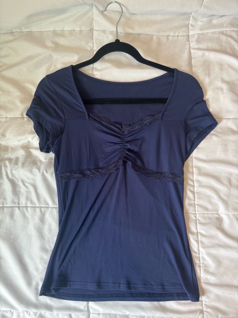 Navy Lace-Trimmed Ruched Front Top